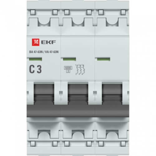 Автоматический выключатель 3P 3А (C) 6кА ВА 47-63N EKF PROxima