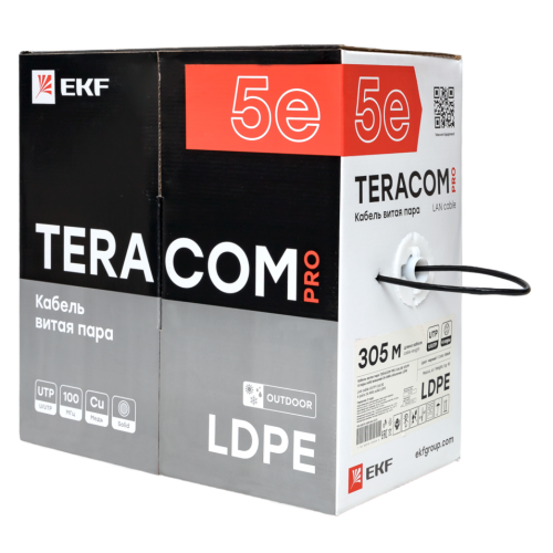 Кабель витая пара TERACOM PRO Cat.5E U/UTP 4 пары solid внешний 24AWG оболочка LDPE цвет черный (упак. 305м)