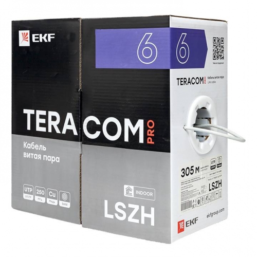 Кабель витая пара TERACOM PRO Cat.6 U/UTP 4 пары solid 23AWG оболочка LSZH нг(А)-HF цвет серый (упак. 305м)